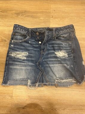 American Eagle Outfitters Distressed Dark Blue Denim Mini Skirt